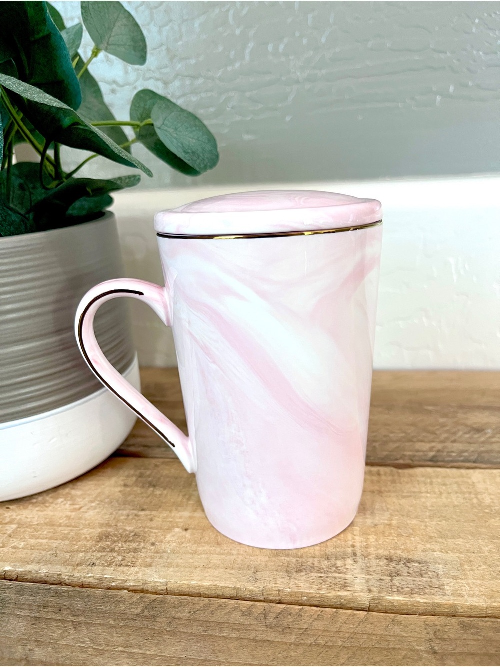 Penny Cai Pink Marble Friends Coffee Mug Ceramic Cup with Notch Lid - Picture 2 of 4
